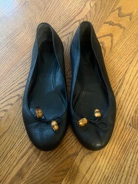 Gucci Black Leather Bamboo Bow Tassel Ballet Flats size 39